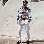 preiswerte Business Casual-Herren Hemd Leinenhemd Sommerhemd Freizeithemd Strandhemd Knopfhemd Gestreift Urlaub Ferien Schwarz Gelb Rosa Rot Langarm Umlegekragen Frühling &amp; Herbst Bekleidung Button-Down