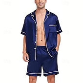 זול פיג'מות-בגדי ריקוד גברים לבוש שינה סט פיג'מה חולצת פיג'מה ומכנסיים קצרים 1set אחיד אופנתי מסוגנן קלסי יומי בית מיטה ספנדקס פוליאסטר קומפורט רך נושם דש שרוולים קצרים חולצה שורטים אלסטית מותניים כפתורים קיץ