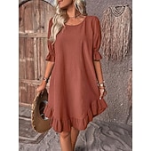 abordables concevoir des robes en coton et lin-Femmes Noir Rouge bleu marine Été Printemps Robe Midi Robes inspirées du lin Robe en coton et lin Robe d&#039;été en coton Occasionnel Vacances Quotidien Coupe Ample Uni Col ras du cou
