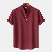 Men's Shirt Linen Shirt Chinese Collar Shirt Mandarin Collar Shirt Casual Shirt Cotton Shirt Plain Vacation Street Black Yellow Light Green Pink Short Sleeve Band Collar Summer Clothing Apparel 35