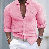 ieftine Business Casual-Bărbați Cămașă Cămașă albă din bumbac Cămașă casual Cămașă din bumbac și in Cămașă din bumbac Σταυρός Vacanță Hawaiian Negru Alb Roz Îmbujorat Gri Manșon Lung Rever Primăvara &amp; toamnă Îmbrăcăminte