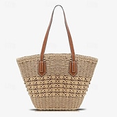 economico Borsette e borse tote-Per donna Sacca Borsa da mare Borsa di paglia Paglia Esterno Per eventi Spiaggia Cerniera Massima capacità Tinta unica bianco Kaki