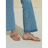 baratos Mulheres-Sandálias femininas de dedo com tira larga e glitter, estilo minimalista e brilhante, sola macia e confortável, fáceis de calçar para resorts ao ar livre.