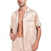 ieftine Pijamale-Bărbați Pijamale Set pijama Top și pantaloni scurți de pijama 1set Simplu Modă Stilat Clasic Casă Zilnic Pat Poliester Confort Respirabil Απαλό Rever Manșon scurt Cămașă Pantaloni Scurți Buton Talie