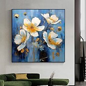 billiga Blom- och växtmålningar-oljemålning handgjord handmålad kvadratisk väggkonst intryck blommor dukmålning heminredning dekor utsträckt ram redo att hängas