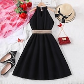 cheap Casual Dresses-Kids Girls&#039; Dress Solid Color Halter Neck Dress Above Knee Dress School Halter Off Shoulder Sleeveless Fashion Dress 7-13 Years Summer Light Green