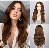 billige Syntetiske trendy parykker-svart blond mørk brun rosa parykk for kvinner lang bølget parykk midtdel parykk svart krøllet parykk syntetisk varmebestandig parykk lang parykk til daglig festbruk 26 tommer
