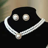 economico Parure di gioielli-Set di gioielli da sposa, 1 set di anelli in lega di perle sintetiche, orecchini, collana, elegante e semplice set di gioielli da donna per matrimonio, San Valentino, occasione speciale
