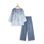 economico Abiti da donna con camicetta-Completo da donna in 2 pezzi elegante moda streetwear camicia pantaloni pantaloni a gamba larga maniche lunghe collo a V stampa floreale casual vacanza rosa blu viola autunno e inverno vestibilità