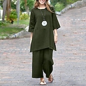 Women's Shirt Cotton Linen Shirts Set Plain Fashion Round Neck Street Daily 2 Piece Black Army Green Orange Summer 8