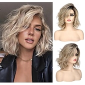 cheap Older Wigs-Curly Wavy Short Bob Wig With Bangs For Girls Women Daily Use Shoulder Length Side Part Synthetic Hair Replacement Wigs Natural Looking 12 inch