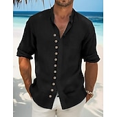 economico Vacanza-Per uomo Camicia camicia di lino Camicia estiva Abbigliamento mare Maglietta informale Camicia con bottoni Liscio Da mare Curise Nero Bianco Verde chiaro Rosa Manica lunga Colletto alla coreana