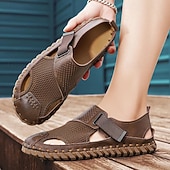 levne Pohodlné sandály-Pánské hnědé sandály z umělé kůže na suchý zip, stylová a nastavitelná outdoorová obuv pro běžné nošení v létě a dovolenou na pláži
