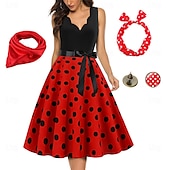 economico Outfit-Abito Rockabilly A-Line per Donne con Pois Abito Swing Abito Flare con Set di Accessori Abiti Grease anni &#039;50 Retro Vintage anni &#039;60 con Fascia per Capelli Sciarpa Orecchini per Abito da Festa