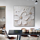 preiswerte Tiergemälde-abstraktes, dickes Ölgemälde mit weißer Blume, modern, 100 % handgefertigt, weiße Leinwand, Gemälde, Wandkunst für Wohnzimmer, rahmenloses Dekor, gespannter Rahmen, fertig zum Aufhängen oder ungerahmt
