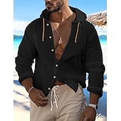 preiswerte Urlaub-Herren Hemd leinenhemd Sommerhemd Strandbekleidung Knopfhemd Glatt Urlaub Curise Schwarz Weiß Blau Khaki Langarm Mit Kapuze Frühling Sommer Bekleidung
