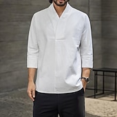 economico Casual da lavoro-Per uomo Camicia Camicia in lino e cotone Camicia in cotone bianco Maglietta informale Liscio Hawaiano Per eventi Nero Bianco Giallo Blu marino Maniche a 3/4 A V Primavera estate Abbigliamento