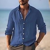 economico Vacanza-Per uomo Camicia camicia di lino Camicia estiva Abbigliamento mare Camicia con bottoni Liscio Da mare Curise Giallo Blu marino Manica lunga Collo ripiegabile Primavera estate Abbigliamento