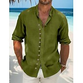 economico Vacanza-Per uomo Camicia camicia di lino Camicia estiva Abbigliamento mare Maglietta informale Camicia con bottoni Liscio Da mare Curise Nero Bianco Verde chiaro Rosa Manica lunga Colletto alla coreana