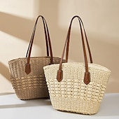 economico Borsette e borse tote-Per donna Sacca Borsa da mare Borsa di paglia Paglia Esterno Per eventi Spiaggia Cerniera Massima capacità Tinta unica bianco Kaki