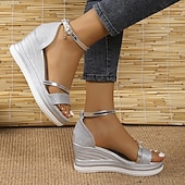 voordelige Sleehaksandalen-Zilveren glittersandalen met enkelbandje voor dames – stijlvolle platformhakken voor zomer-, casual- en avondkleding