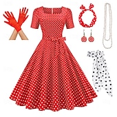 economico Outfit-Retrò Vintage Anni 1950 Rockabilly Gonna a cerchio Abito a Linea Tutu A Pois Per donna Festa / Sera Mascherata Addio al Nubilato Adulti Vestito Guanti Orecchini Primavera &amp; Estate