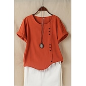  Women's 100% Cotton Shirt Patchwork Casual Daily Weekend Solid Casual Linen Like Short Sleeve Crew Neck Round Neck White Summer Spring