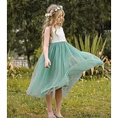 preiswerte Kleider für die Blumenmädchen-Blumenmädchenkleid Mädchen Party Kleid Leistung Hochzeit Party Prinzessin Süß Gitter Feste Farbe Ärmellos Rundhalsausschnitt Weiß Rosa 2-12 Jahre
