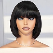 cheap Human Hair Capless Wigs-Brazilian Human Hair Wig with Bangs Remy Straight Hair Bob Wigs Full Machine Made Wig for Women 8-14Inches Glueless Bob Wig
