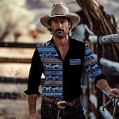 voordelige westernhemden voor heren-Voor heren Paard Overhemd Westers overhemd Cowboyshirt Lange mouw Vintage Western stijl Buiten Straat Casual / Dagelijks Herfst winter Strijkijzer Knop Afdrukken blauw