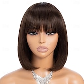 baratos Perucas capless de cabelo natural-perucas bob curto cabelo humano 8 polegadas sem cola usar e ir peruca bob com franja perucas de cabelo humano para mulheres negras cabelo humano cabelo liso brasileiro nenhuma frente de renda peruca