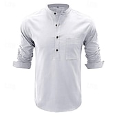 cheap Business Casual-Men&#039;s Shirt Linen Shirt Chinese Collar Shirt Mandarin Collar Shirt Popover Shirt Casual Shirt Plain Vacation Hawaiian Black White Navy Blue Green Long Sleeve Band Collar Spring &amp;  Fall Clothing