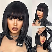 cheap Human Hair Capless Wigs-Brazilian Human Hair Wig with Bangs Remy Straight Hair Bob Wigs Full Machine Made Wig for Women 8-14Inches Glueless Bob Wig