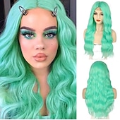abordables Perruques de carnaval-auburn blonde violet vert bleu perruque longues perruques ondulées pour les femmes partie centrale cosplay perruque longue perruques synthétiques bouclées perruques violettes pour les femmes