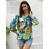preiswerte Damen Boho Tops-Damenhemd Langarm Button-Down Bluse Alltäglich Basic Floral Knöpfe Druck Reguläre Oberteile V-Ausschnitt Lässig Urlaub Blau Grün Herbst  Winter