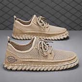 cheap Casual Lace-Up Shoes-Men's Beige Knit Casual Sneakers, Lightweight Lace-Up Comfort Walking Shoes for Daily Wear, Travel, Weekend Leisure and Smart Casual Outfits