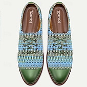cheap Textured Weave Shoes-Men&#039;s Green and Blue Handwoven Oxford Shoes – Casual Artistic Lace-Up Shoes for Summer and Weekend Gatherings