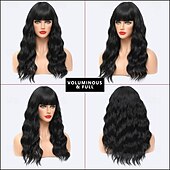 economico Parrucche trendy sintetiche-parrucche nere per le donne parrucche di capelli ricci ondulati lunghi da 18 pollici con frangia parrucche sintetiche di ricambio parrucca in fibra resistente al calore costume da festa