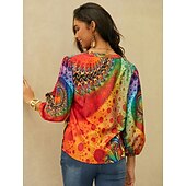 abordables Tops Boho pour Femmes-Chemise Femme Manches Longues Blouse Boutonnée Quotidienne Basique Néon  Lumineux Boutons Imprimé Hauts Regular Col en V Décontracté Jaune Orange Automne  Hiver