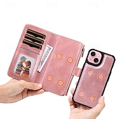 Χαμηλού Κόστους iPhone Θήκες-Retro θήκη πορτοφολιού με φερμουάρ για iPhone 16 15 14 13 12 11 Pro Max Plus Mini SE – Αποσπώμενη μαγνητική αναστροφή θήκη καρτών PU δέρμα