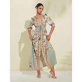abordables Robes de fête-Robe longue en satin vert à fleurs, col en V, manches bouffantes, pour invités de fête/mariage, pour impressionner 2024
