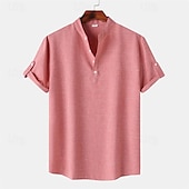 Men's Shirt Linen Shirt Chinese Collar Shirt Mandarin Collar Shirt Casual Shirt Cotton Shirt Plain Vacation Street Black Yellow Light Green Pink Short Sleeve Band Collar Summer Clothing Apparel 34
