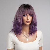 abordables Perruques Synthétiques Sans Bonnet-gris vert rose blonde violet perruque pour femmes ombre violet bob perruque mardi gras perruques courtes bouclés ondulés noir à violet perruque avec frange synthétique résistant à la chaleur