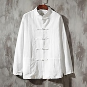 economico Casual da lavoro-Per uomo Camicia Camicia di lino Camicia con colletto cinese Camicia con colletto alla coreana Camicia casual Camicia di cotone Semplice Vacanza Camicia hawaiana Nero Bianco Blu marino Beige Manica