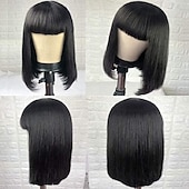 baratos Perucas capless de cabelo natural-Cabelo humano remy Peruca Curto Liso Liso Seda Prumo Bob curto Franja Lisa Com Franjas Cor natural Macio Vestir fácil Melhor qualidade Fabrico à Máquina Cabelo Brasileiro Mulheres Preto 10 polegadas