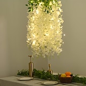economico Striscie luci a batteria-elegante ricevimento di nozze festa 12 pezzi fiori pendenti di glicine bianco con lucine a led, ghirlanda di glicine artificiale appesa per decorazioni murali di sfondo per feste di nozze