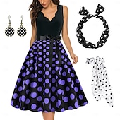 cheap Outfits-Polka Dots Retro Vintage 1950s A-Line Dress Swing Dress Flare Dress Polka Dot Women&#039;s Party / Evening Bachelorette Party Adults&#039; Dress Earrings Headband