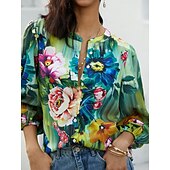 preiswerte Damen Boho Tops-Damenhemd Langarm Button-Down Bluse Alltäglich Basic Floral Knöpfe Druck Reguläre Oberteile V-Ausschnitt Lässig Urlaub Blau Grün Herbst  Winter