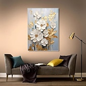 billiga Blom- och växtmålningar-handmålad texturerat guld blomma oljemålning väggkonst abstrakt vit blomma målning på duk minimalistisk modern blommig oljemålning för vardagsrum målning elegant väggdekor fancy väggkonst