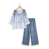 economico Abiti da donna con camicetta-Completo da donna in 2 pezzi elegante moda streetwear camicia pantaloni pantaloni a gamba larga maniche lunghe collo a V stampa floreale casual vacanza rosa blu viola autunno e inverno vestibilità